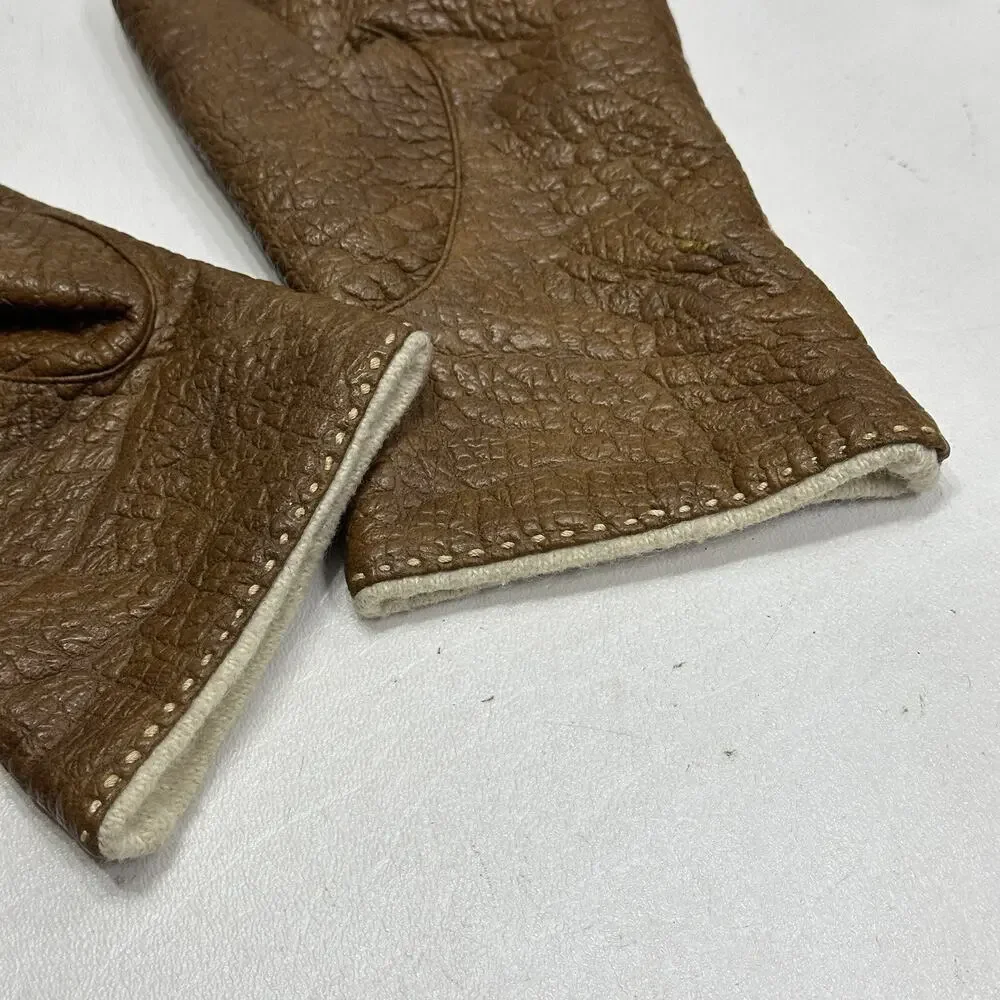 Gloves Women 6.5 Brown Crinkle Textured Coated Cotton Lined Wrist Top Stitch